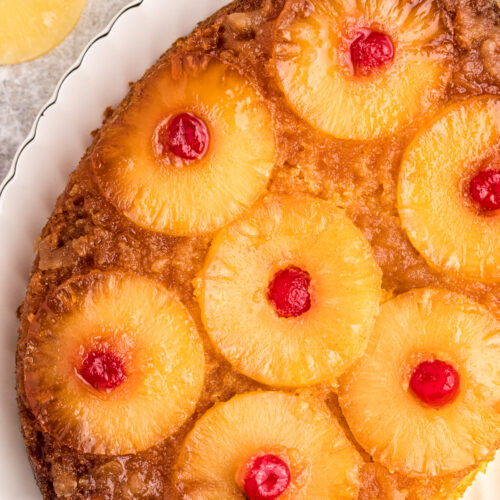 Pineapple upside down cake on a platter.