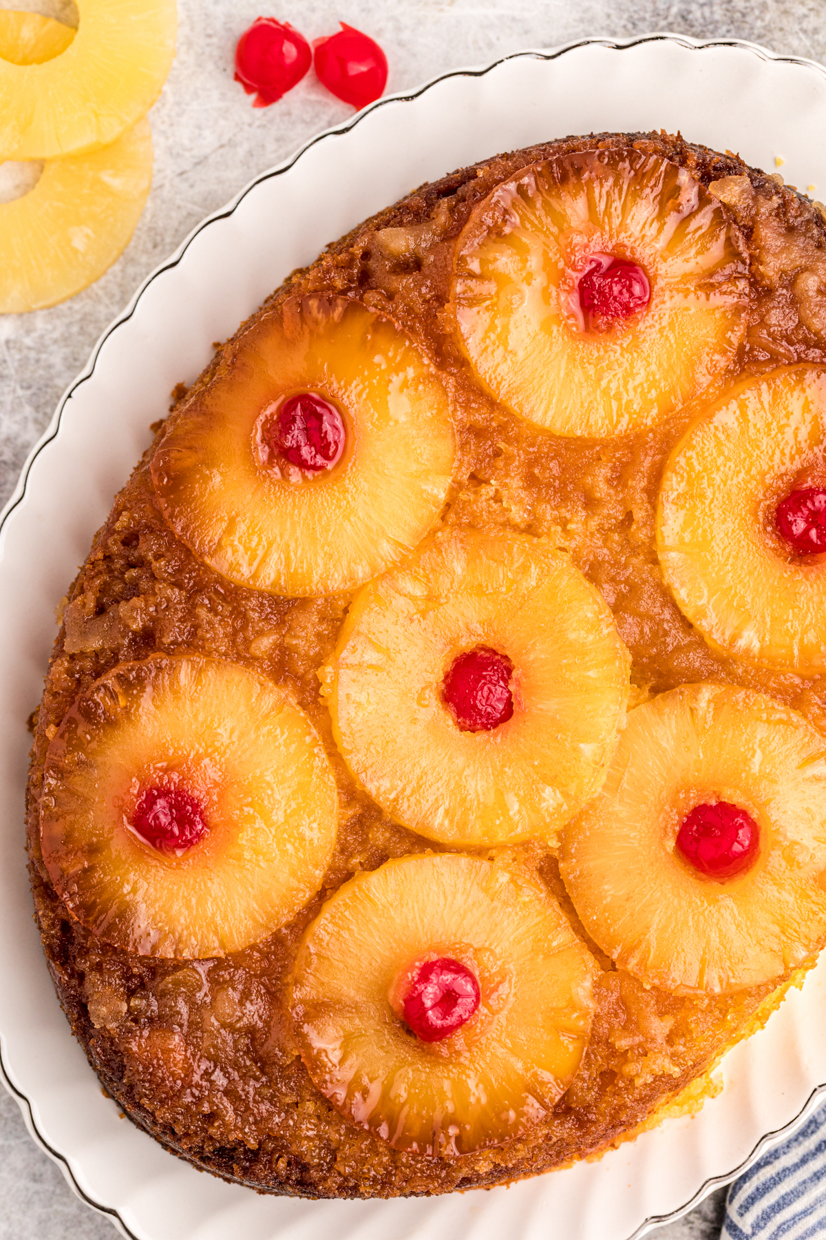 Pineapple upside down cake on a platter.