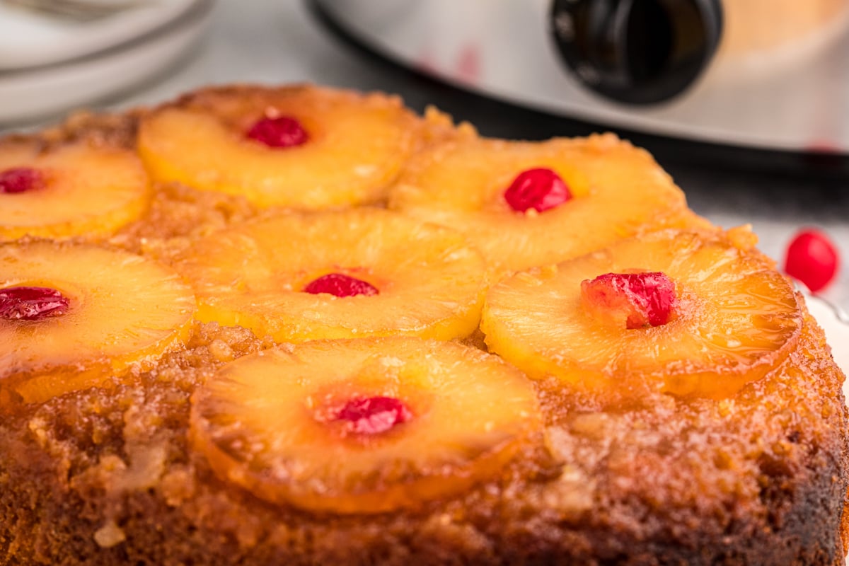 close up of pineapple upside down cake.