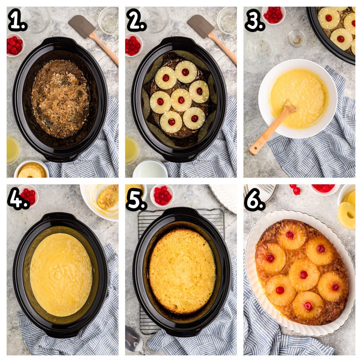 Six images showing how to make pineapple upside down cake in a crockpot.