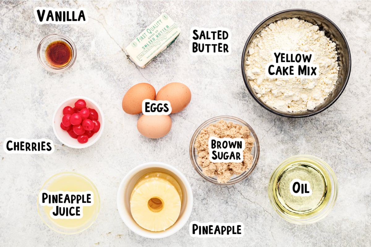 Ingredients for pineapple upside down cake on a table.