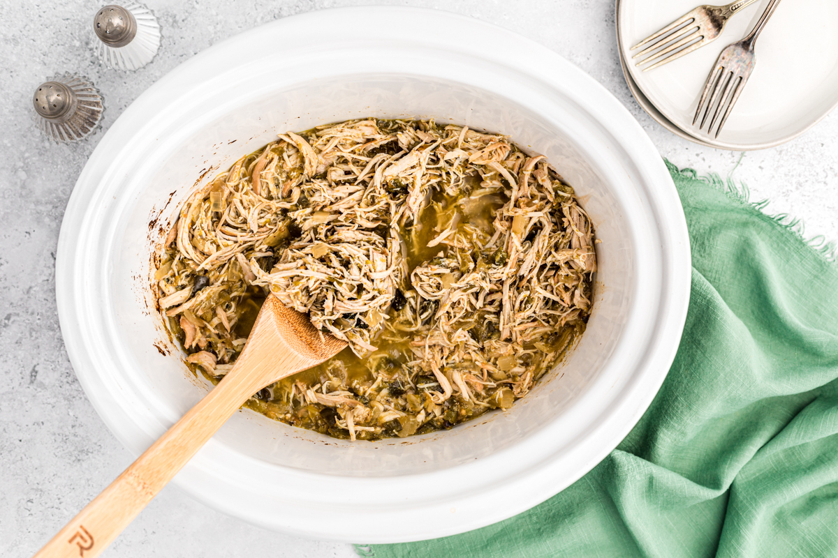 cooked and shredded salsa verde chicken.