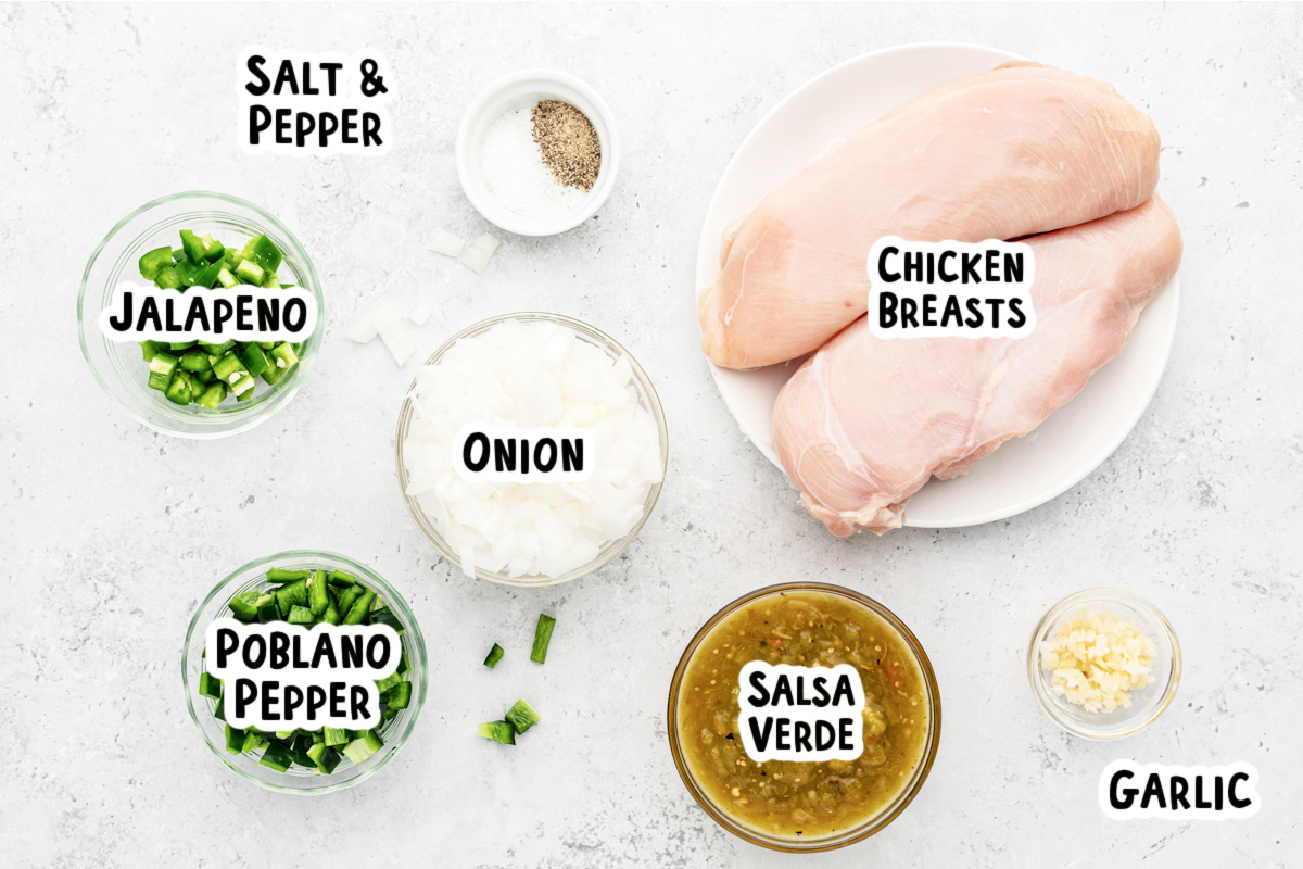 Ingredients for salsa verde chicken on a table.