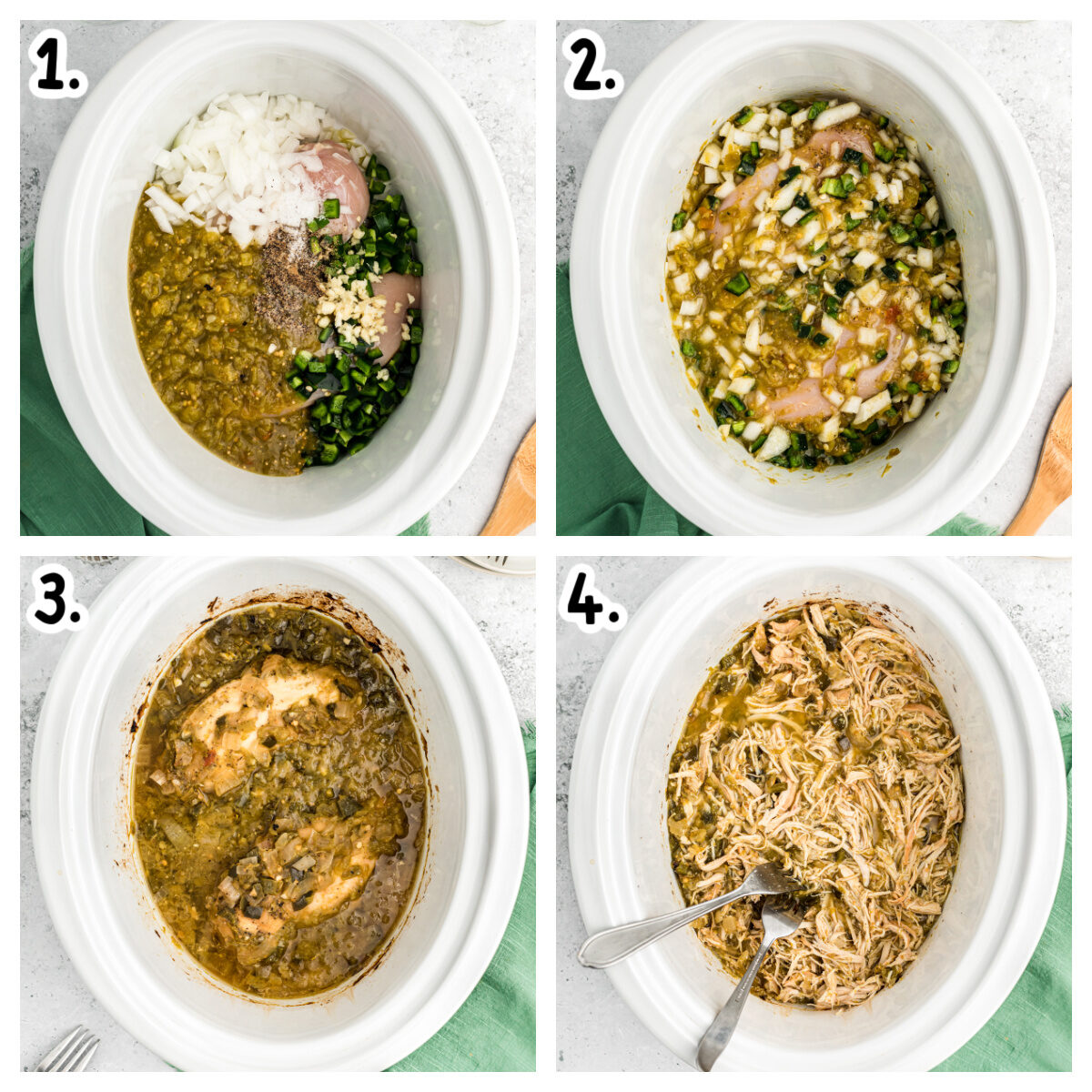 four images showing how to make salsa verde chicken.