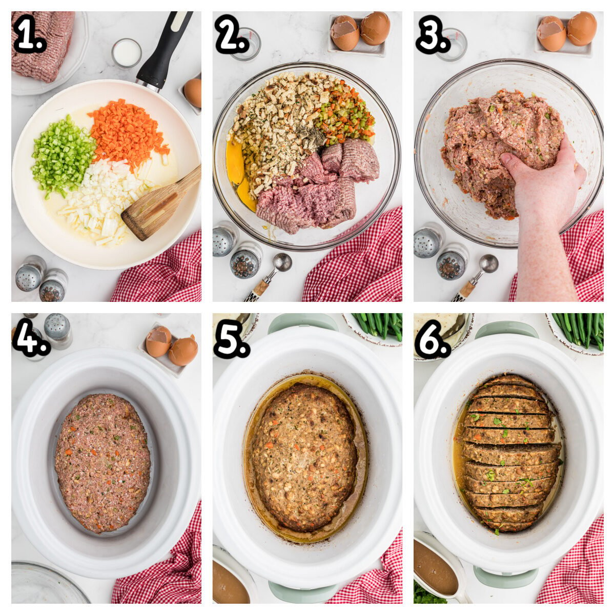 6 images showing how to make turkey meatloaf in a slow cooker.