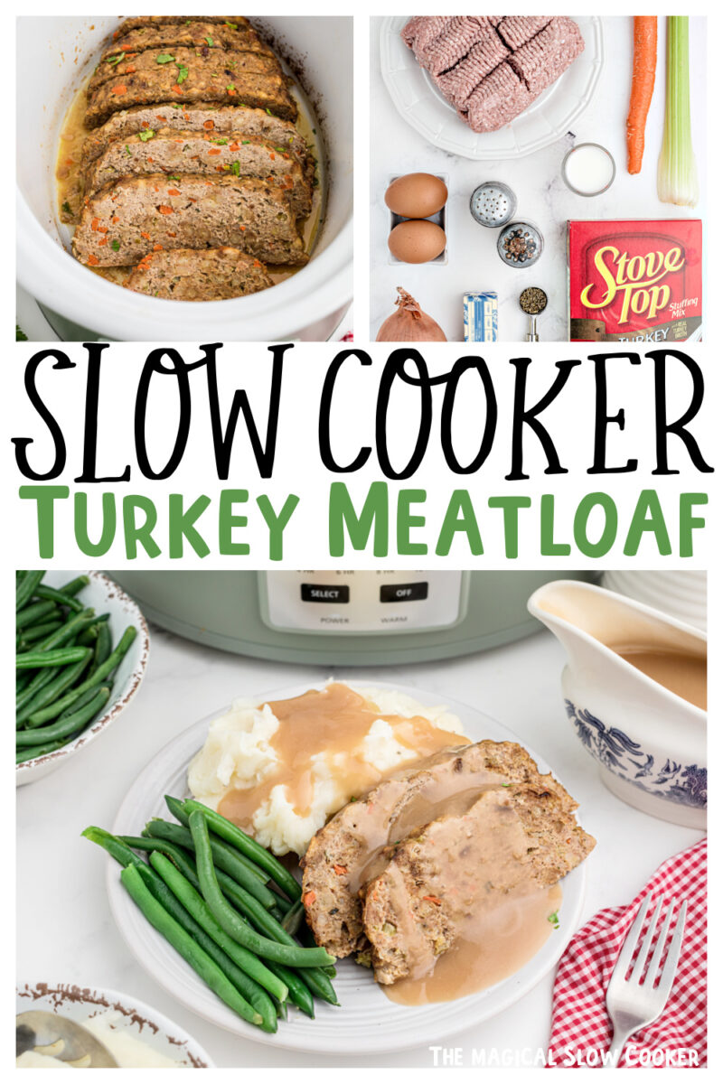 images of turkey meatloaf with text overlay for pinterest.
