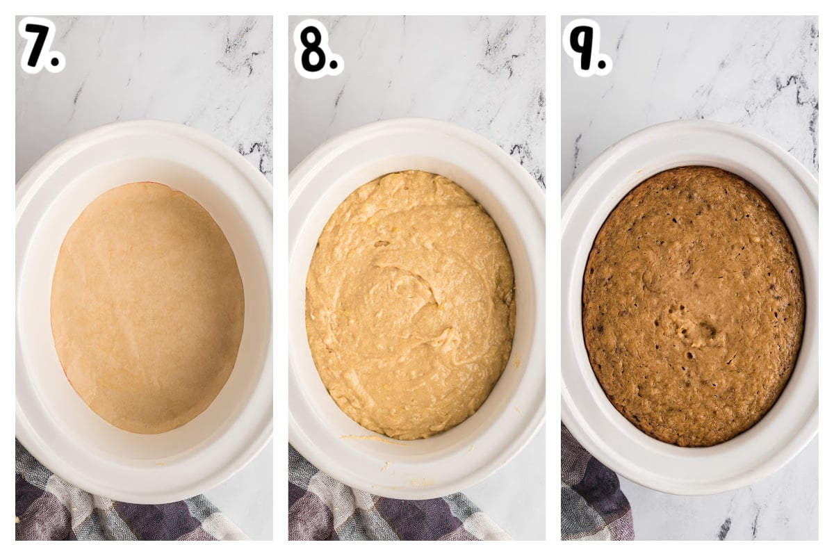 3 images showing how to put the banana batter in the crockpot.