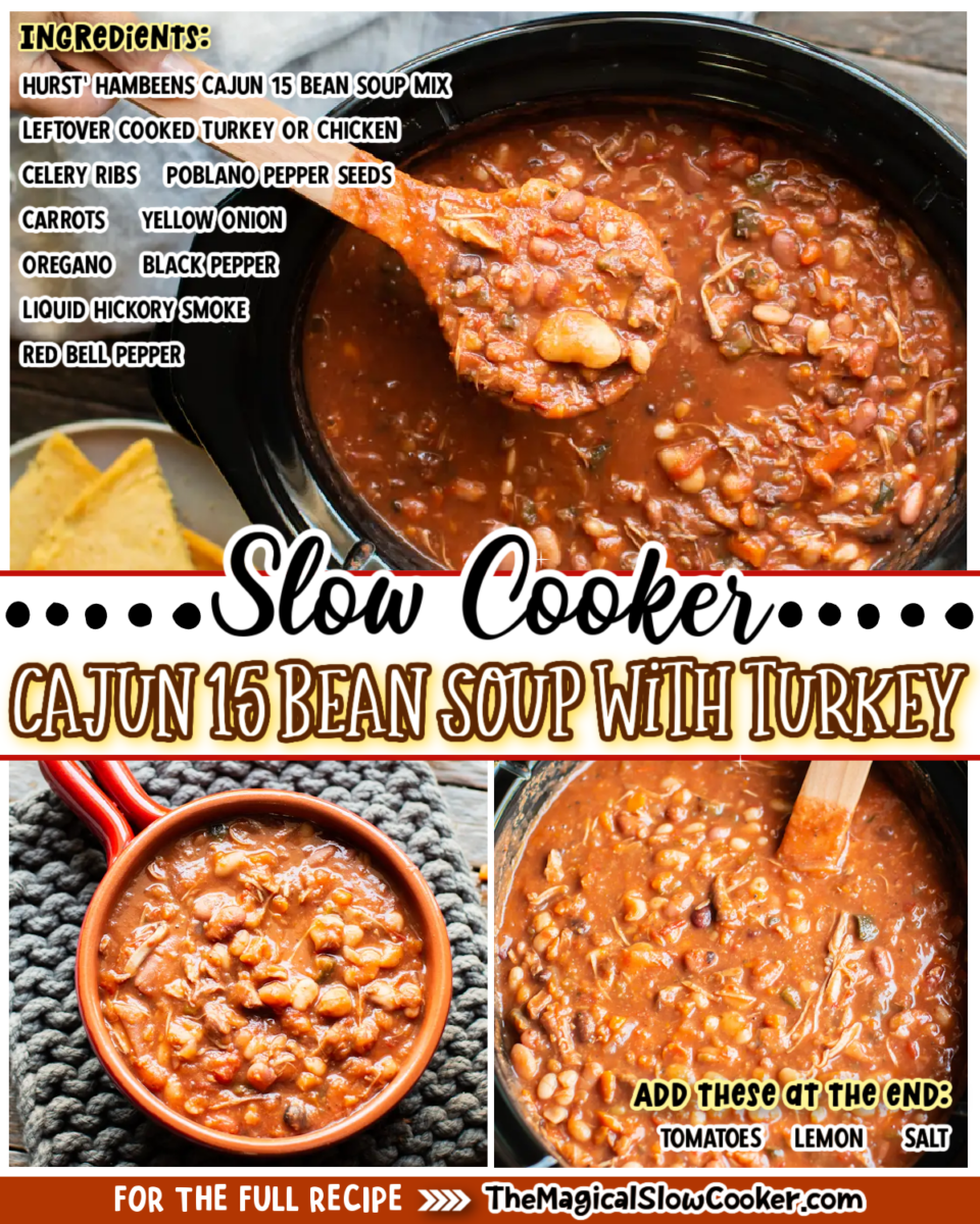 Cajun 15 Bean Soup images with text of what the ingredients are for facebook.