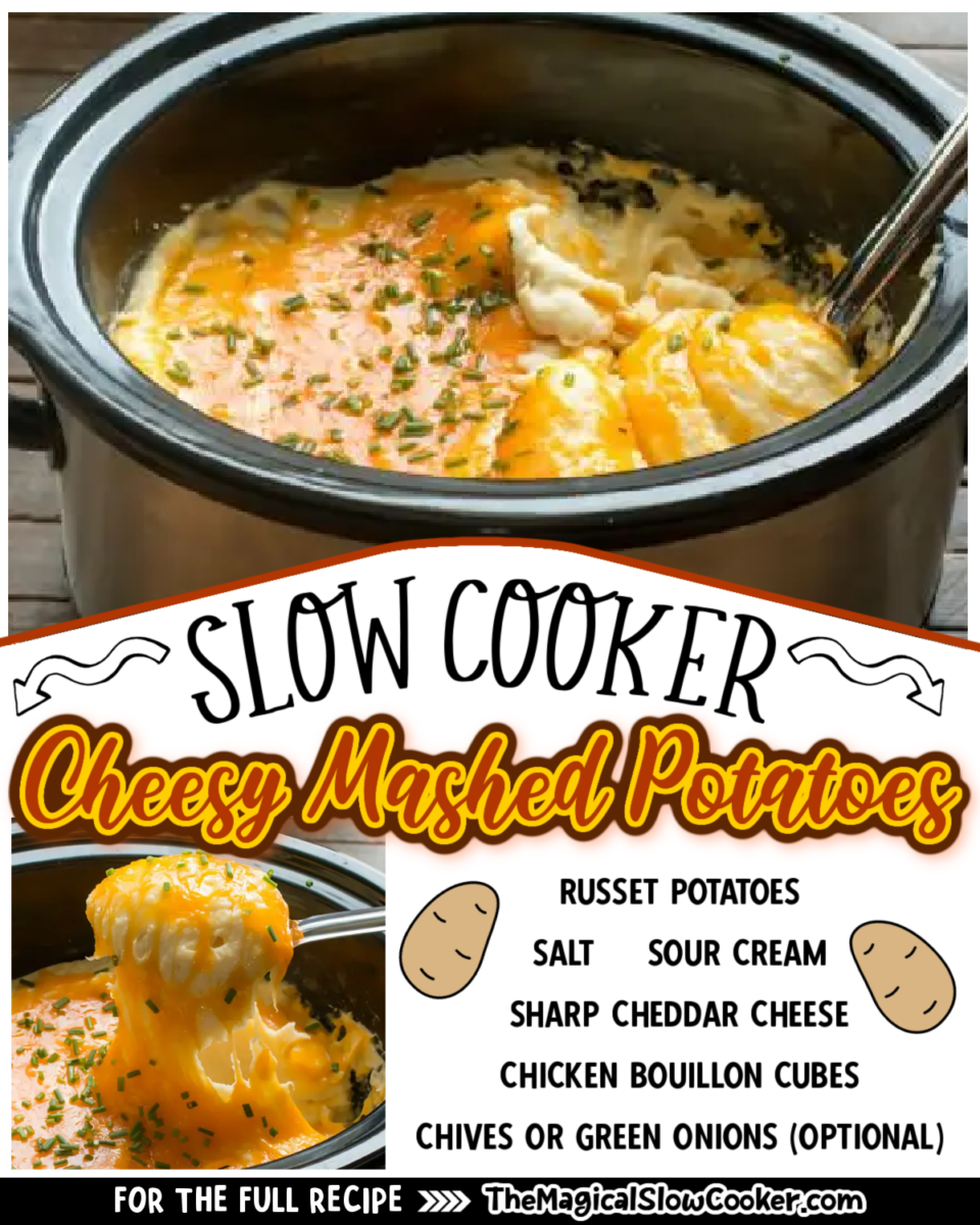 Cheesy mashed potatoes images with text of what the ingredients are for facebook.