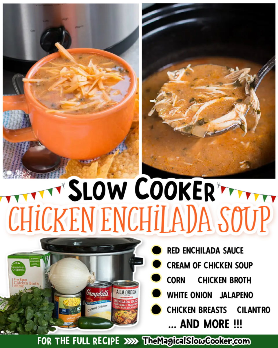 Chicken Enchilada Soup images with text of what the ingredients are for facebook.