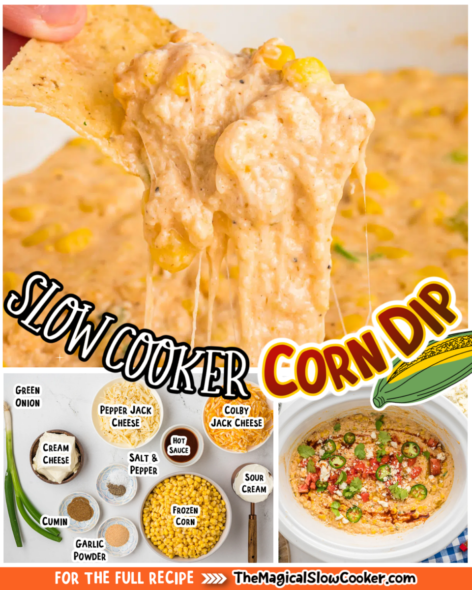Corn Dip images with text of what the ingredients are for facebook.