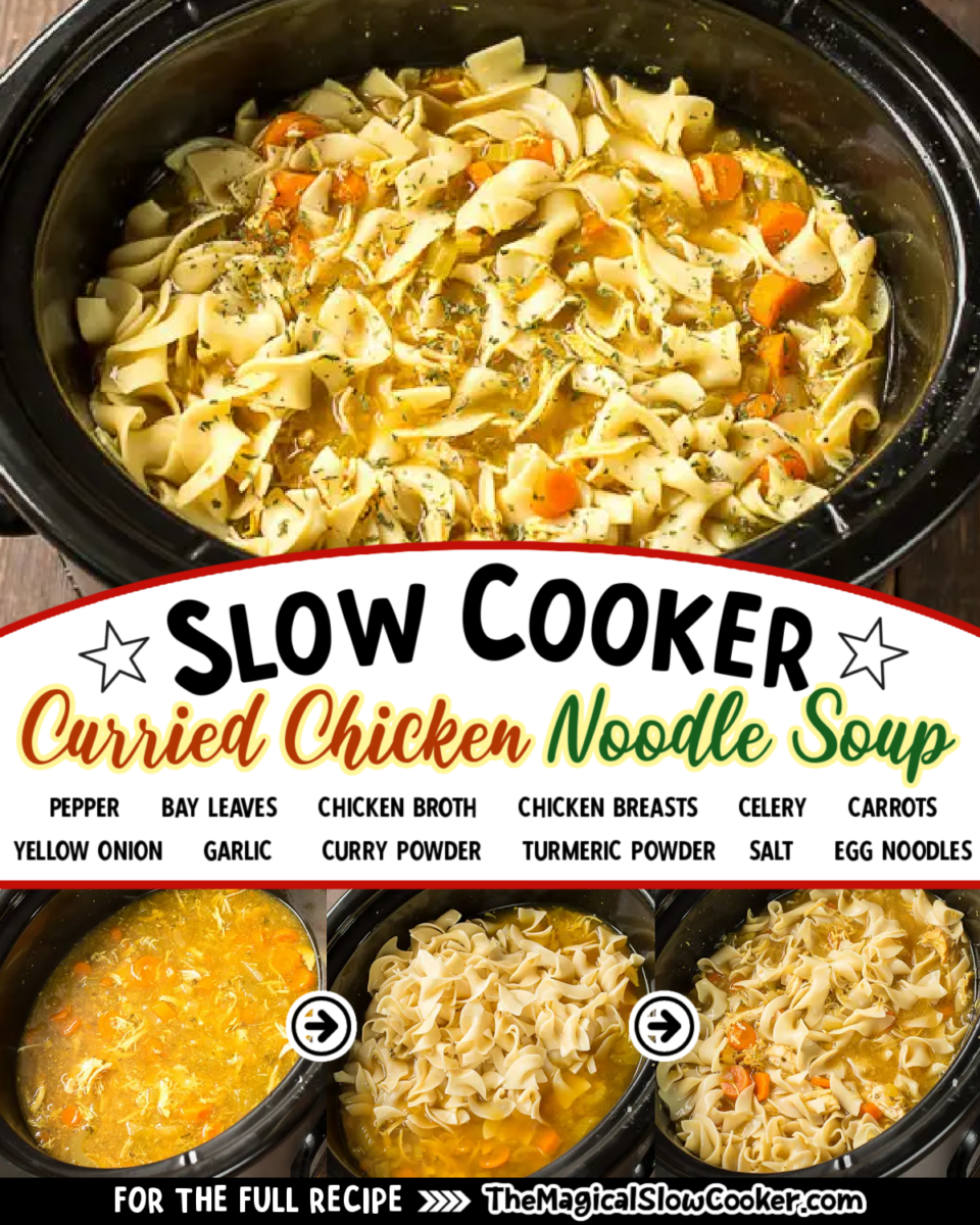 Curried Chicken noodle soup images with text of what the ingredients are for facebook.