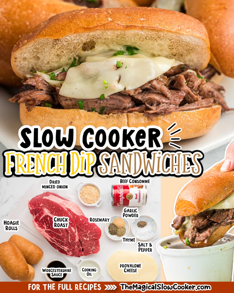 French dip Sandwiches images with text of what the ingredients are for facebook.