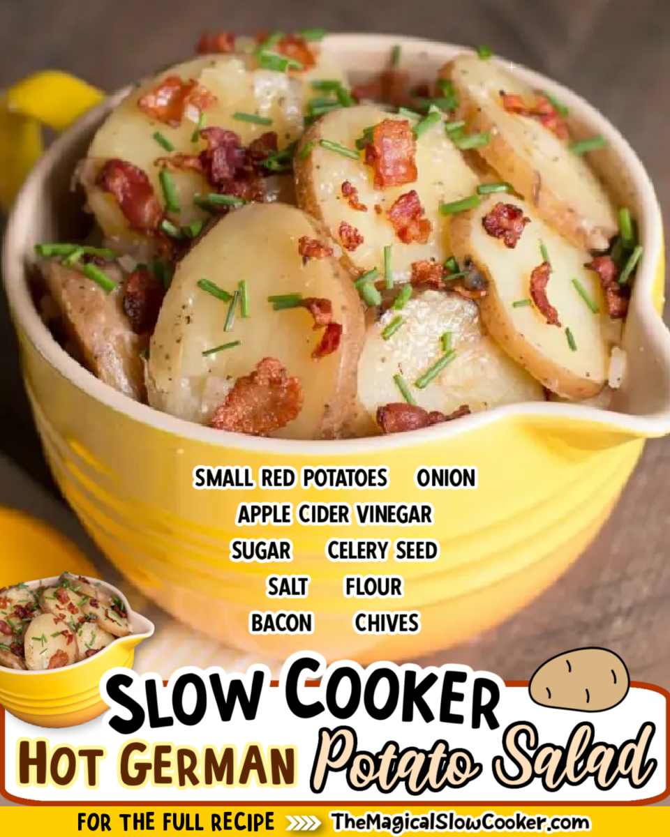 Hot german potato salad images with text of what the ingredients are for facebook.
