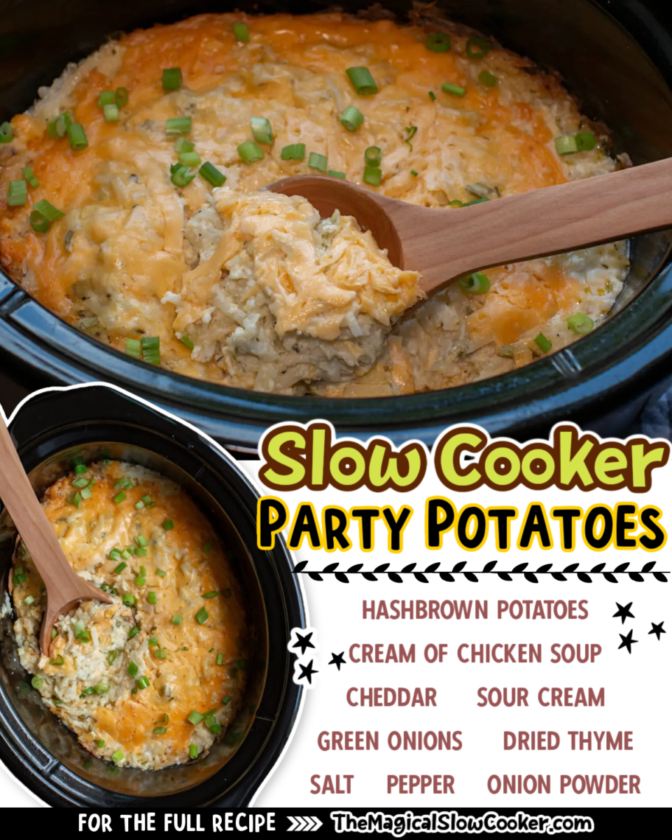 Party potatoes images with text of what the ingredients are for facebook.