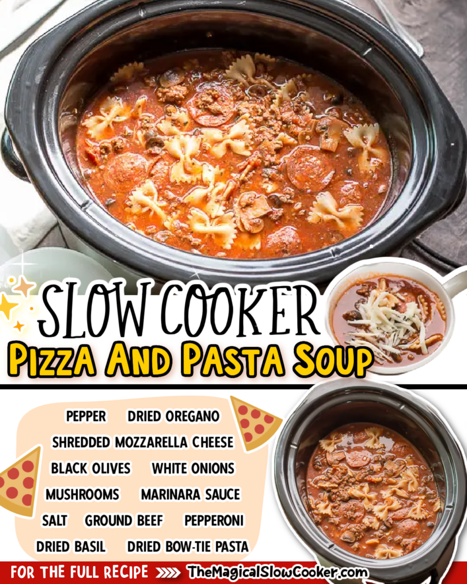 Pizza and pasta soup images with text of what the ingredients are for facebook.