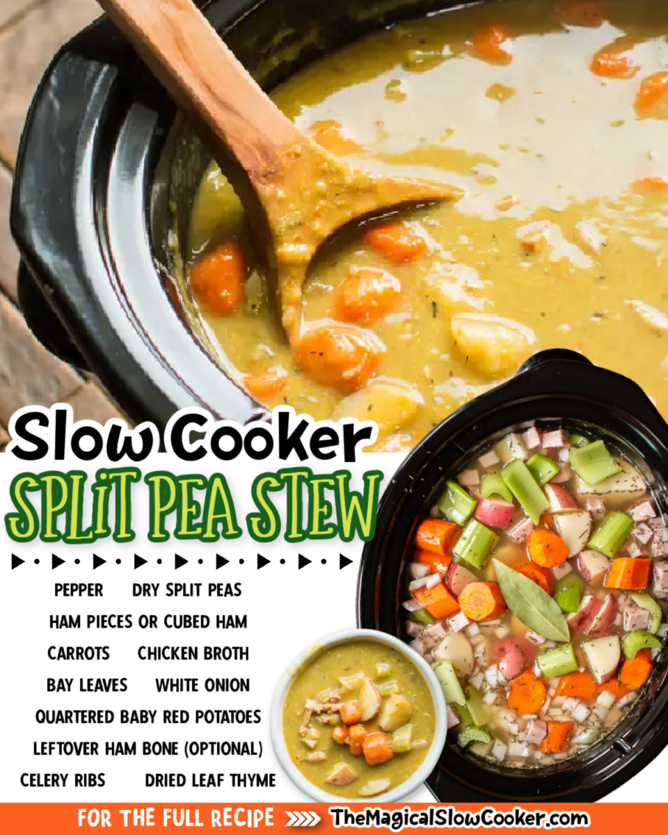 Split pea stew images with text of what the ingredients are for facebook.