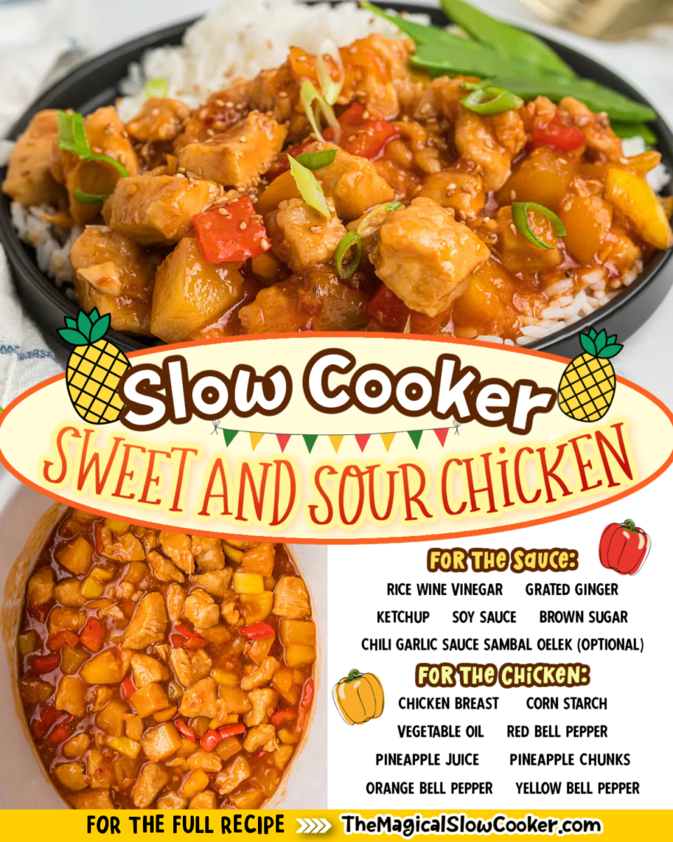 Sweet and sour chicken images with text of what the ingredients are for facebook.