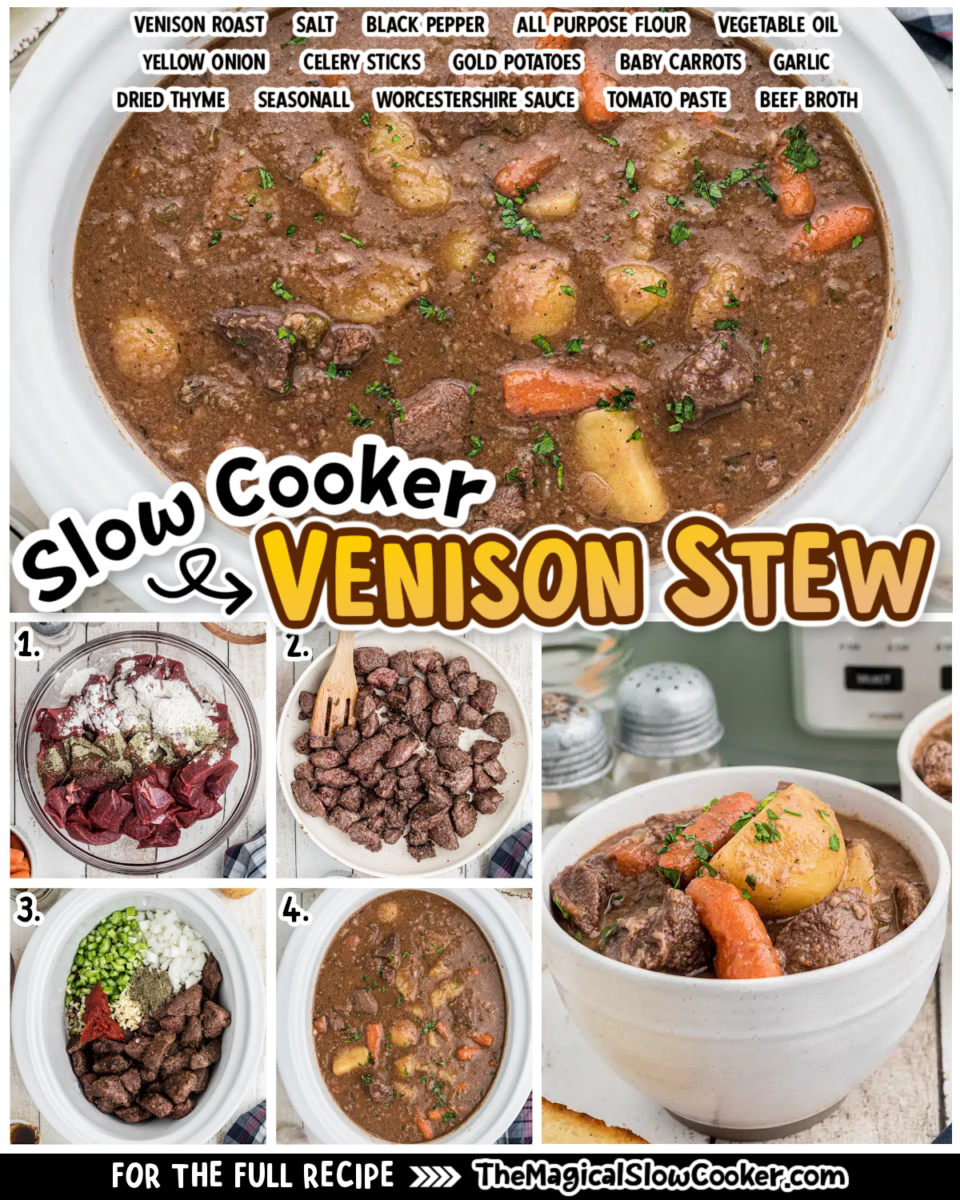 Venison stew images with text of what the ingredients are for facebook.