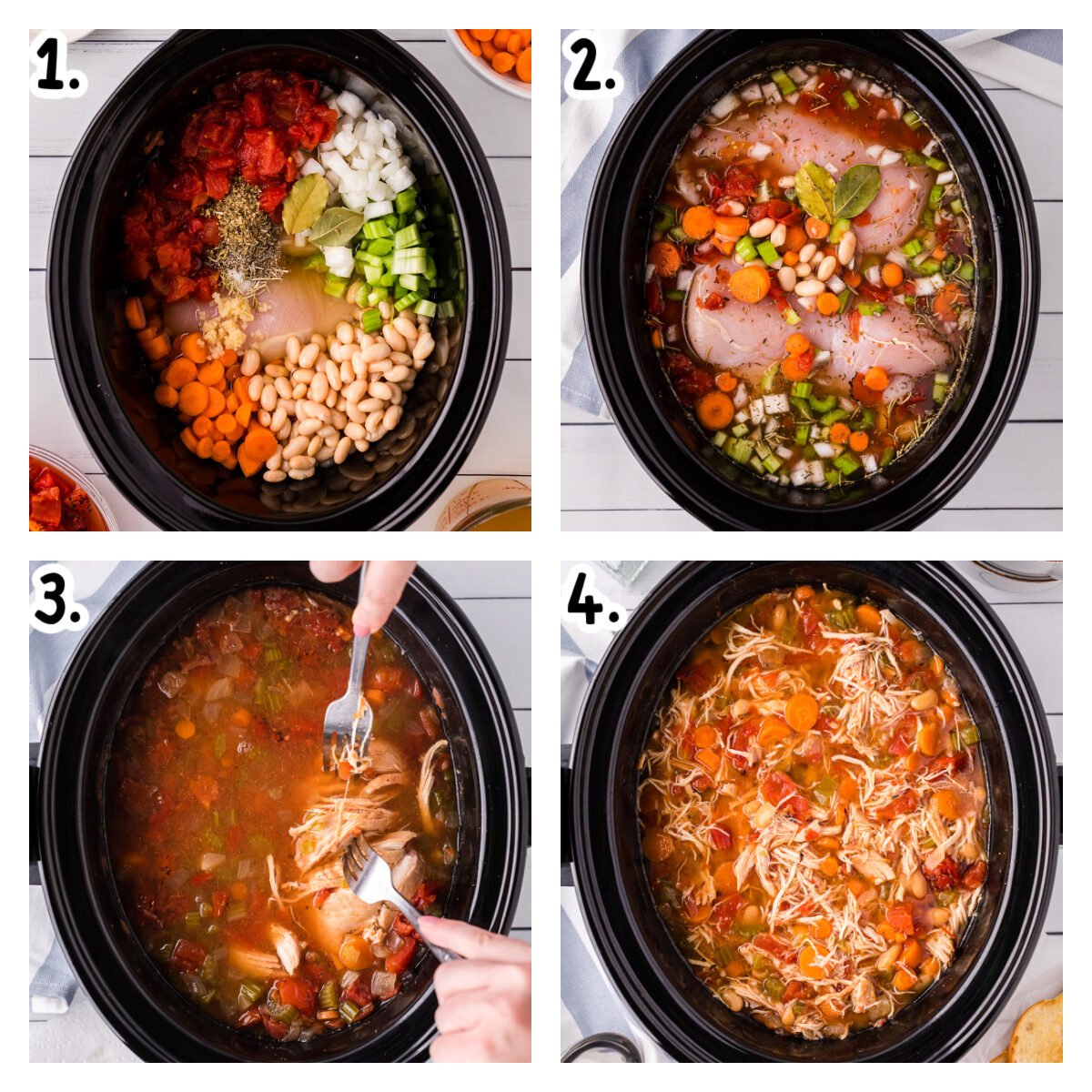 Four images of tuscan white bean soup showing how to assemble it.