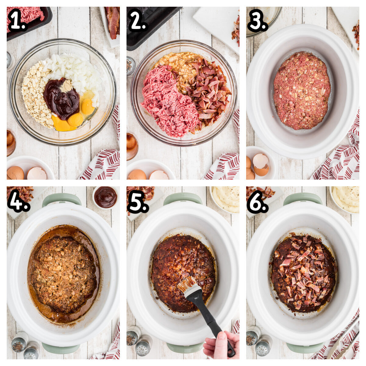 6 images showing how to make bacon barbecue meatloaf in a crockpot.