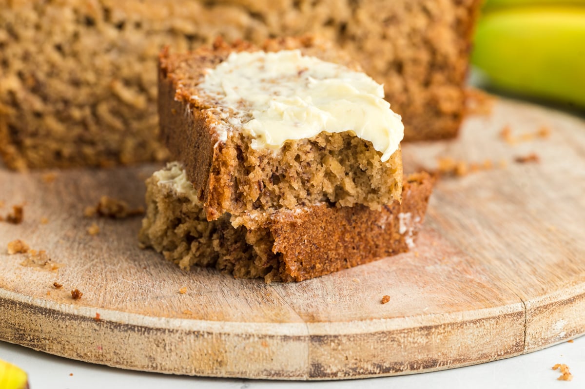 slice of banana bread on a tray.