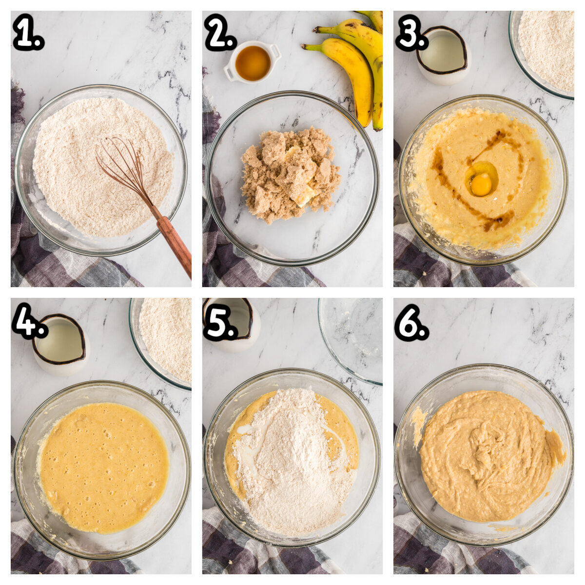 6 images showing how to make the batter for banana bread.