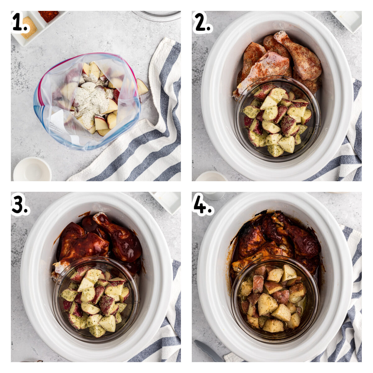 Four images showing how to make bbq chicken drumsticks in a slow cooker.