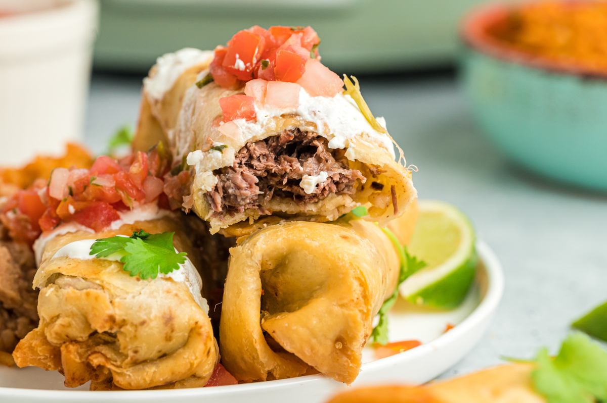 beef chimichanga with a bite out of it.