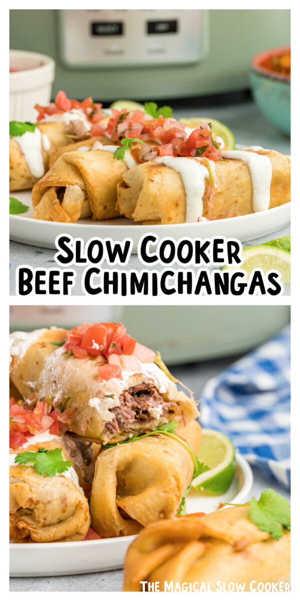 2 images of beef chimichanga for pinterest.