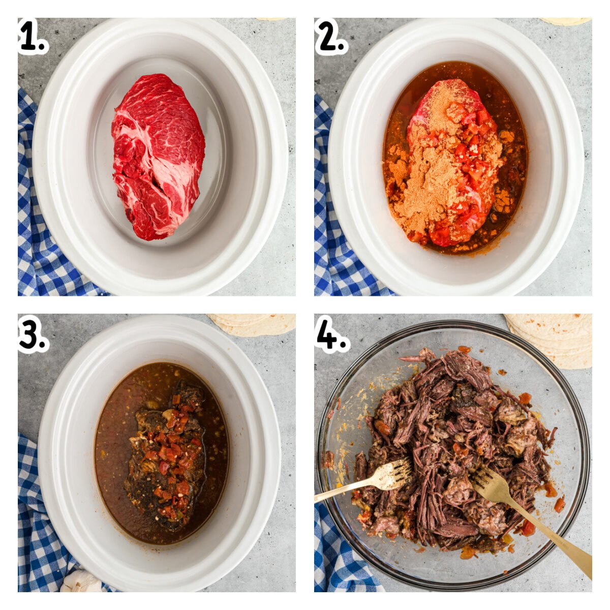 Four images showing how to make beef for chimichangas in a slow cooker.