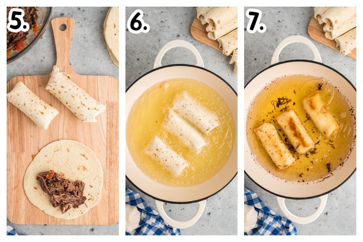3 images showing how assemble beef chimichangas and fry them.