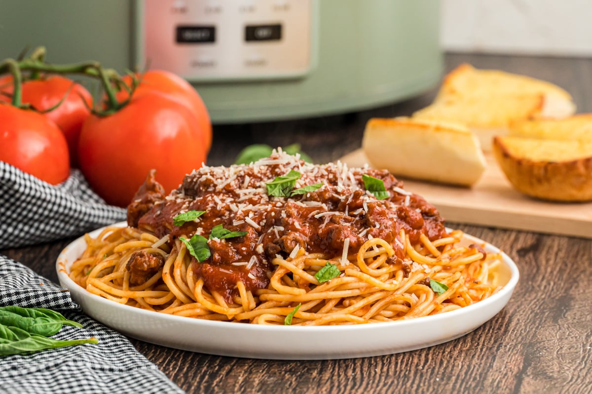 plate of bolognese spaghetti.