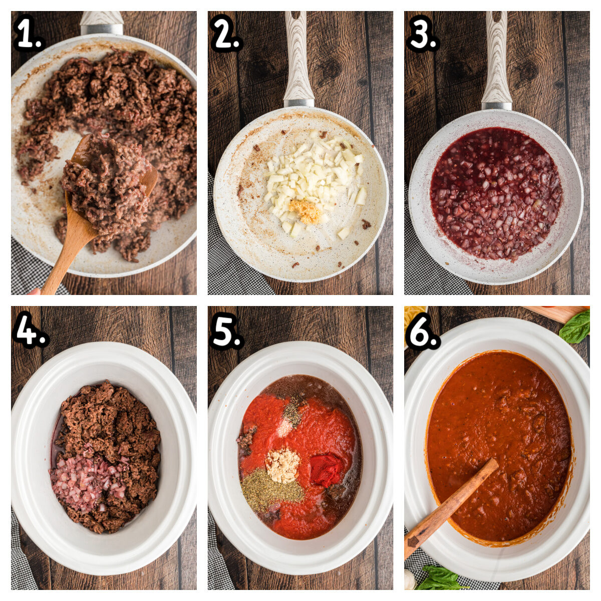 Six images of how to make bolognese sauce in a slow cooker.
