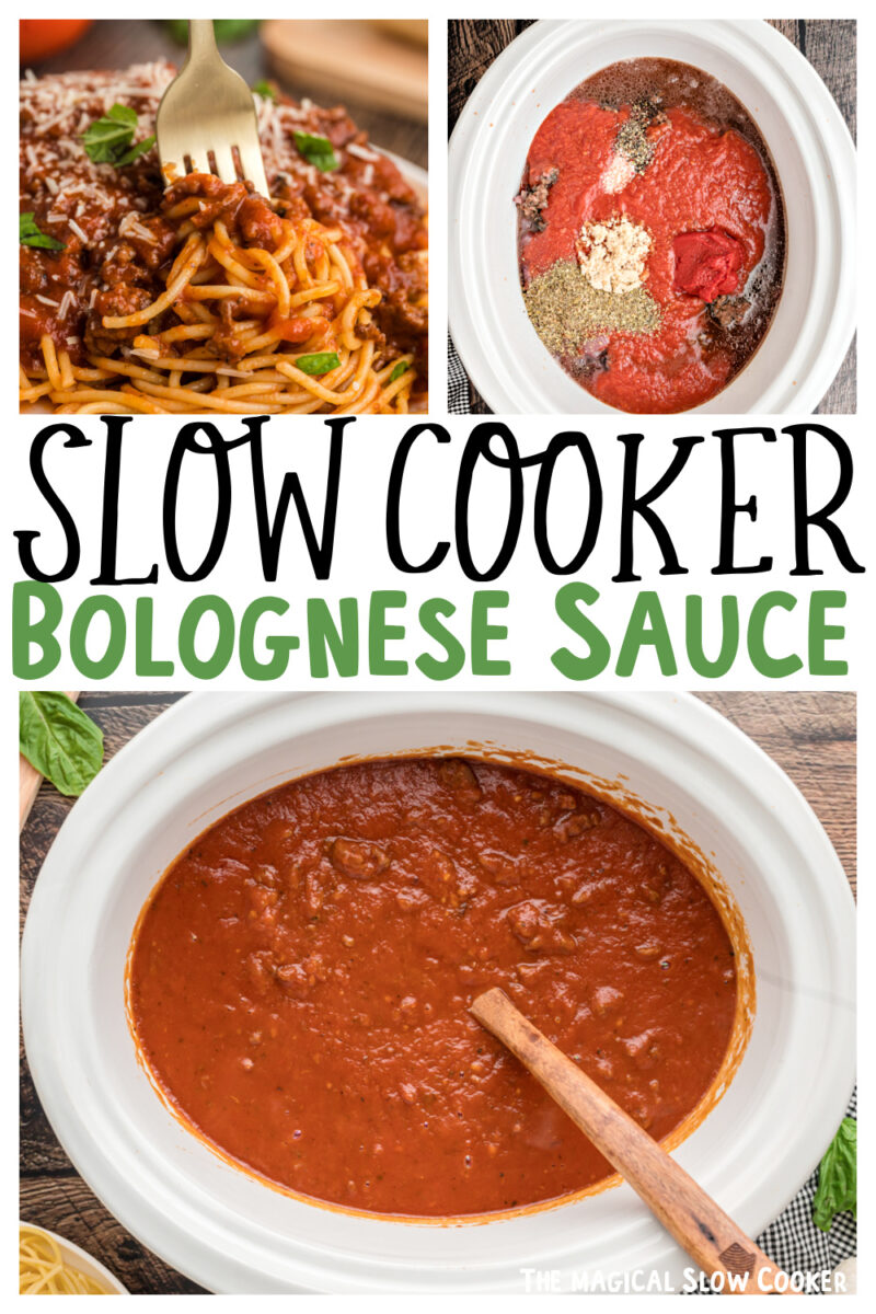 Collage of bolognese sauce images with text for pinterest.