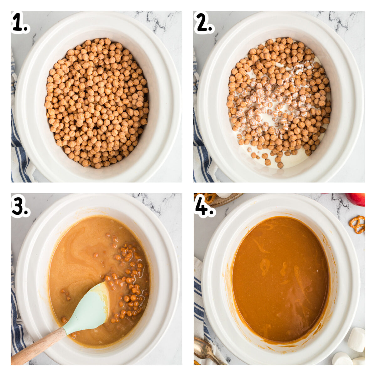 four images showing how to make caramel dip in a crockpot.