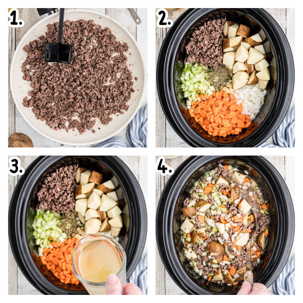 Four images showing how to start cheeseburger soup in a slow cooker.