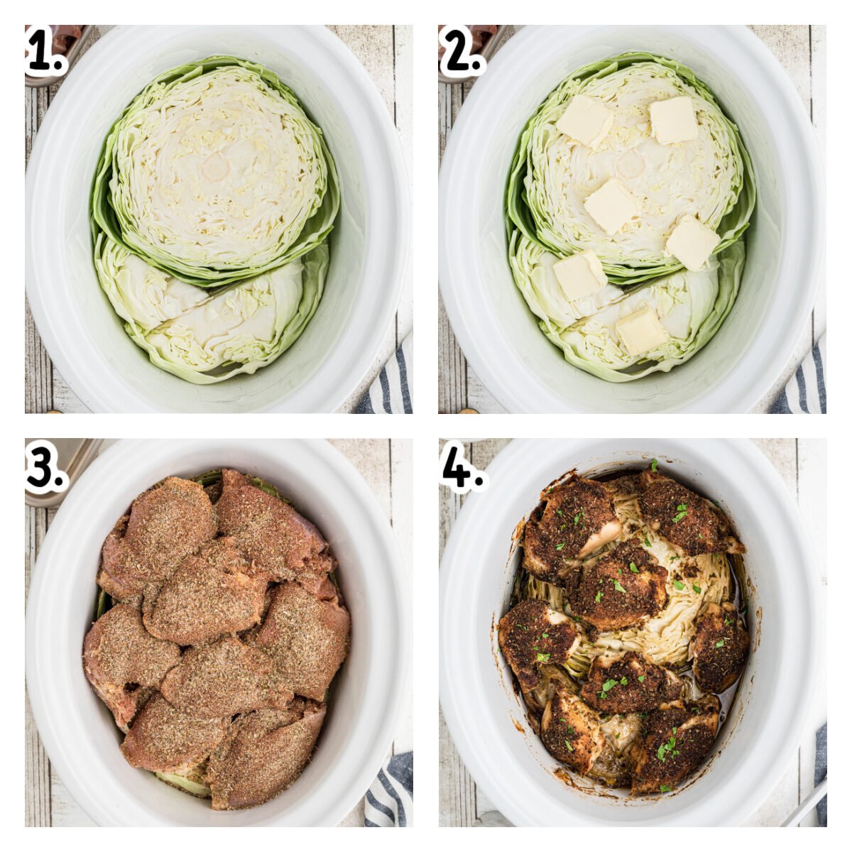 Four images showing how to make chicken and cabbage in a slow cooker.