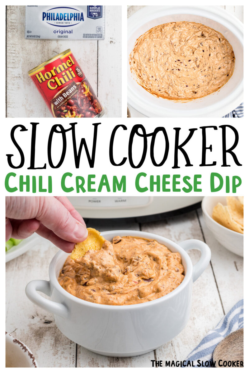 images of chili cream cheese dip with text for pinterest.