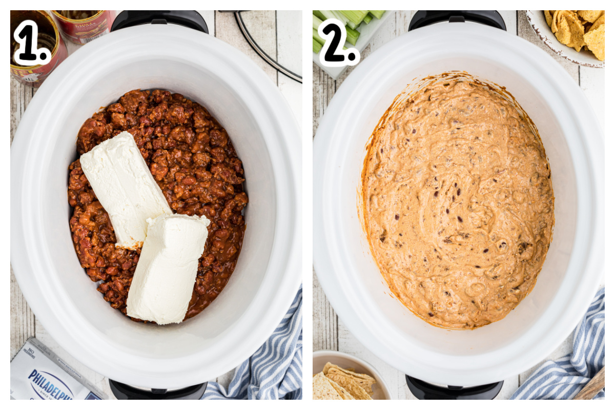 2 images showing how to make chili cheese dip in a crockpot.