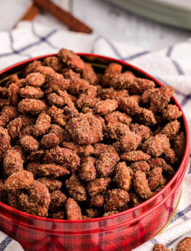 close up of crunchy cinnamon almonds in the slow cooker.