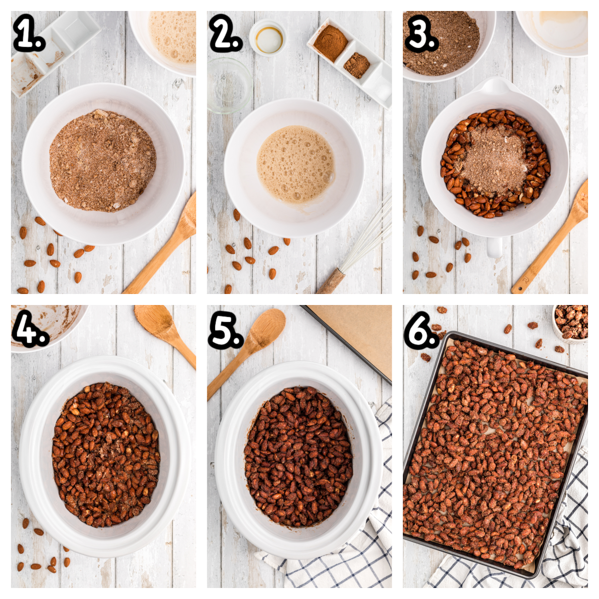 Six images showing how to make cinnamon almonds in a crockpot.