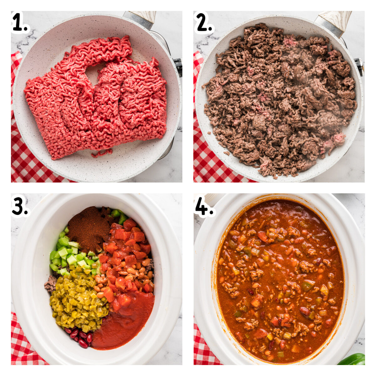 Four images showing how to make wendy's copycat chili in a slow cooker.