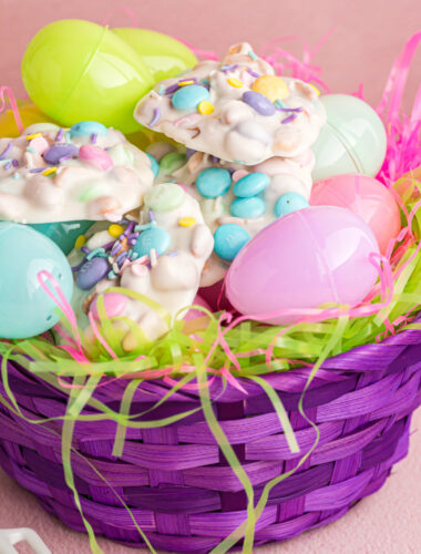 white peanut clusters in an easter basket.