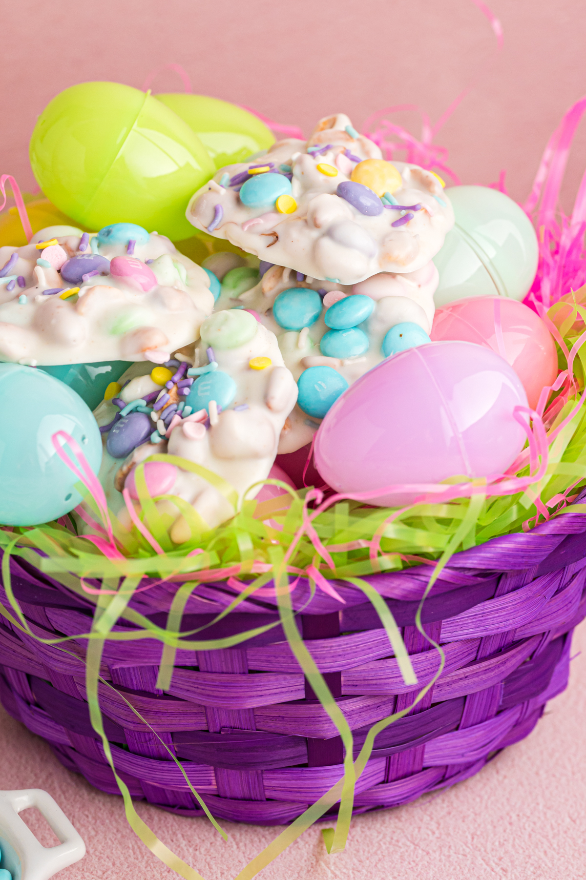 white peanut clusters in an easter basket.