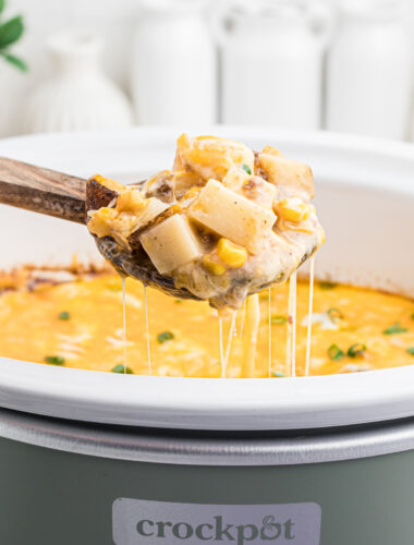 Scoop of hamburger hash on a wooden spoon coming from a slow cooker.