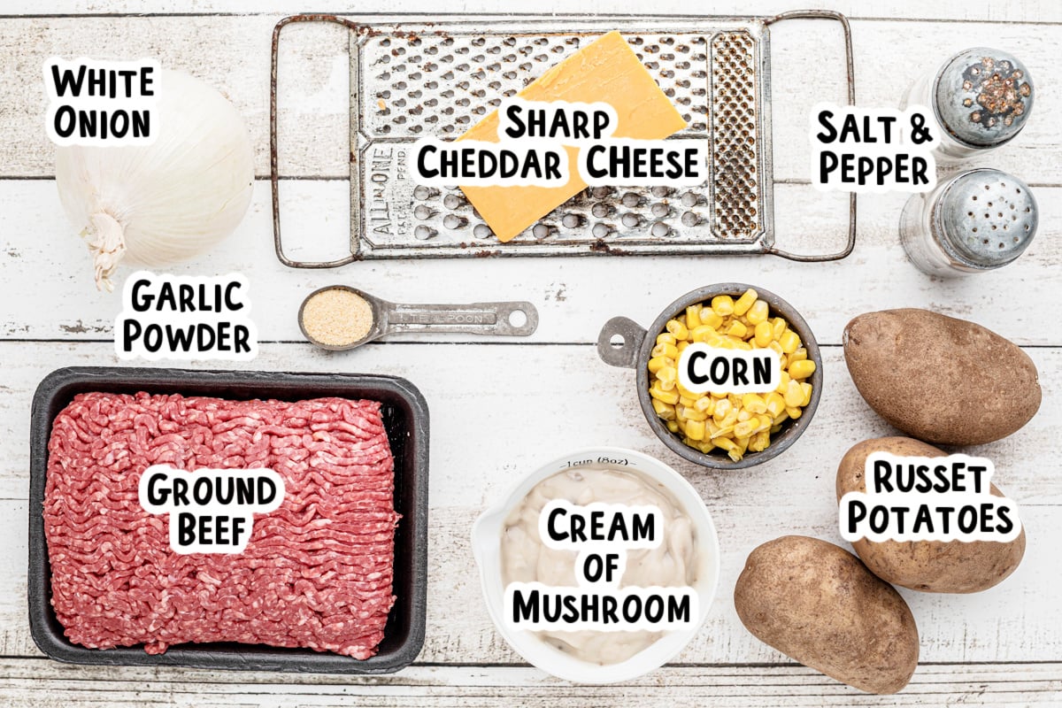 Ingredients for hamburger hash on a table.