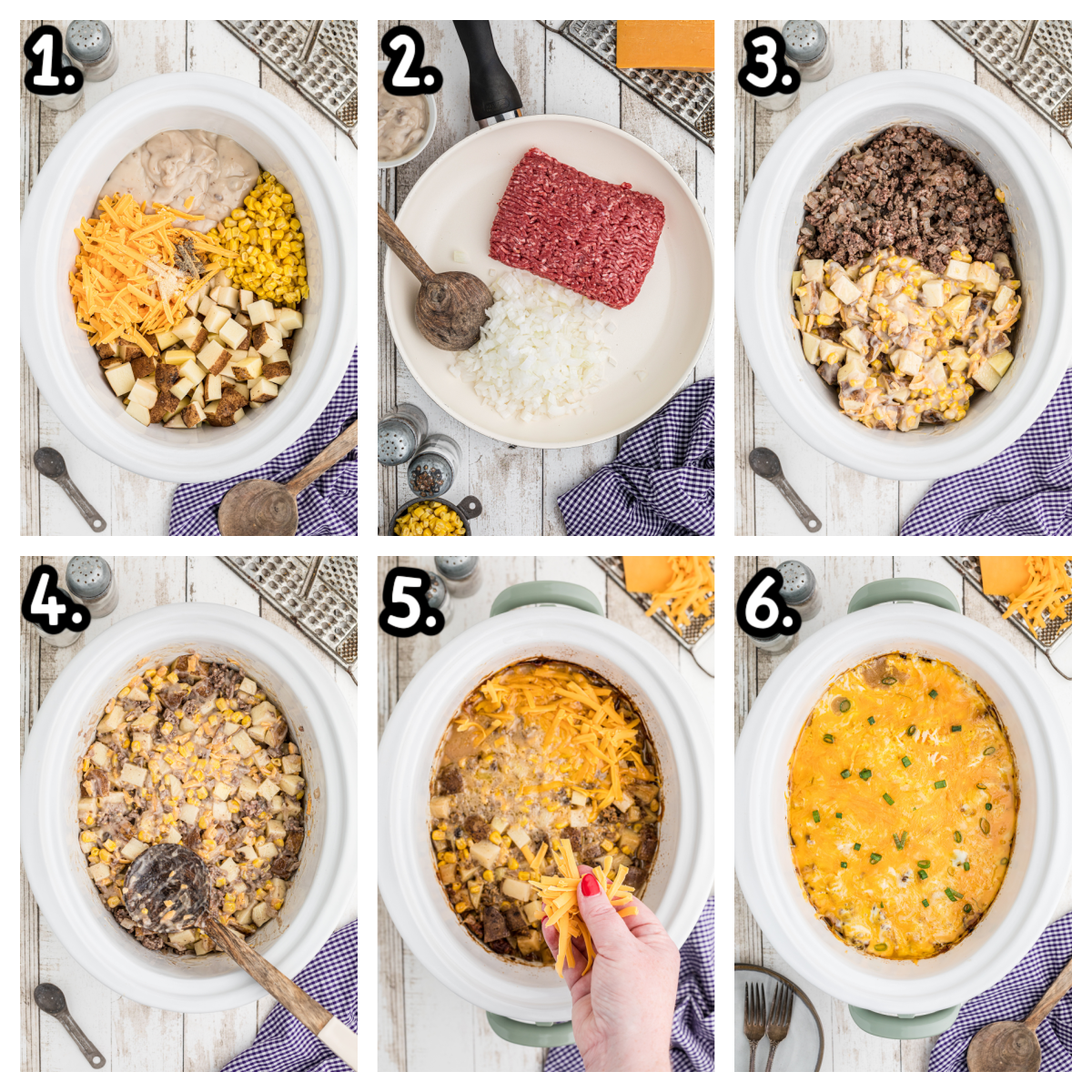 six images showing how to make hamburger hash in a crock pot.