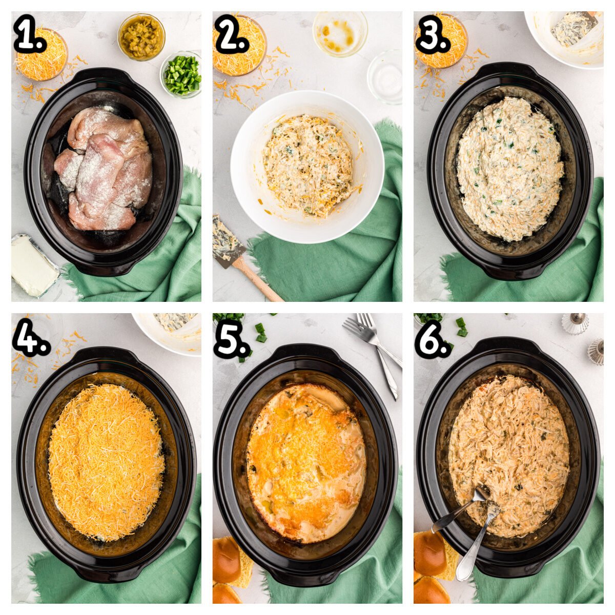 Six images showing how to make jalapeno popper chicken in a crockpot.