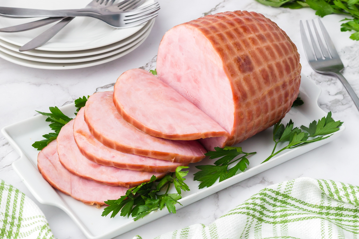 sliced ham on a platter.